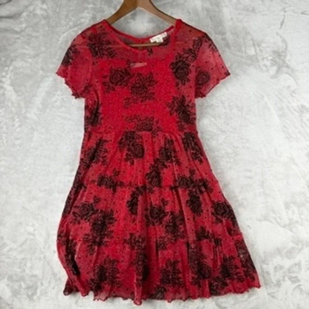 Girls Red Black Rose Print‎ Mesh Tiered Dress Fuzzy Jacket Set 16